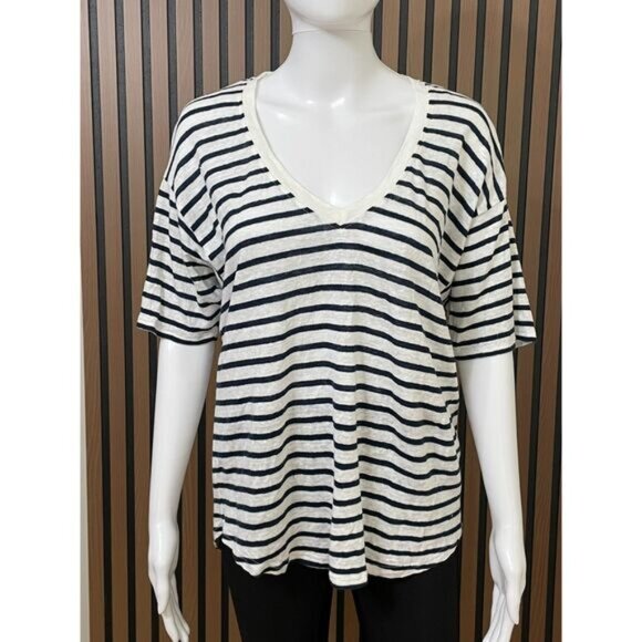 Faherty Oceanside Women's M Blue T-Shirt Linen Striped Oversized Drop Shoulder - Picture 1 of 8